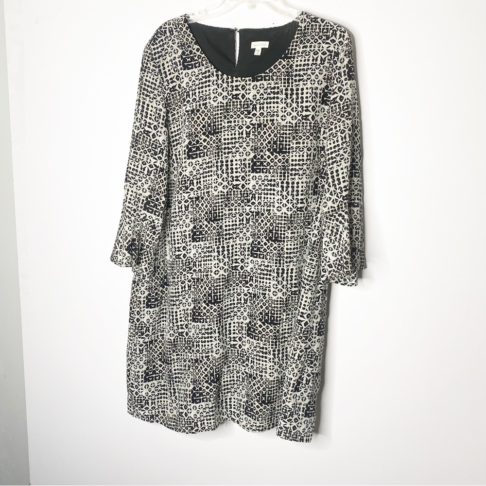 Garnet Hill 100% Silk Black & Tan Geometric Print Dress Size 18